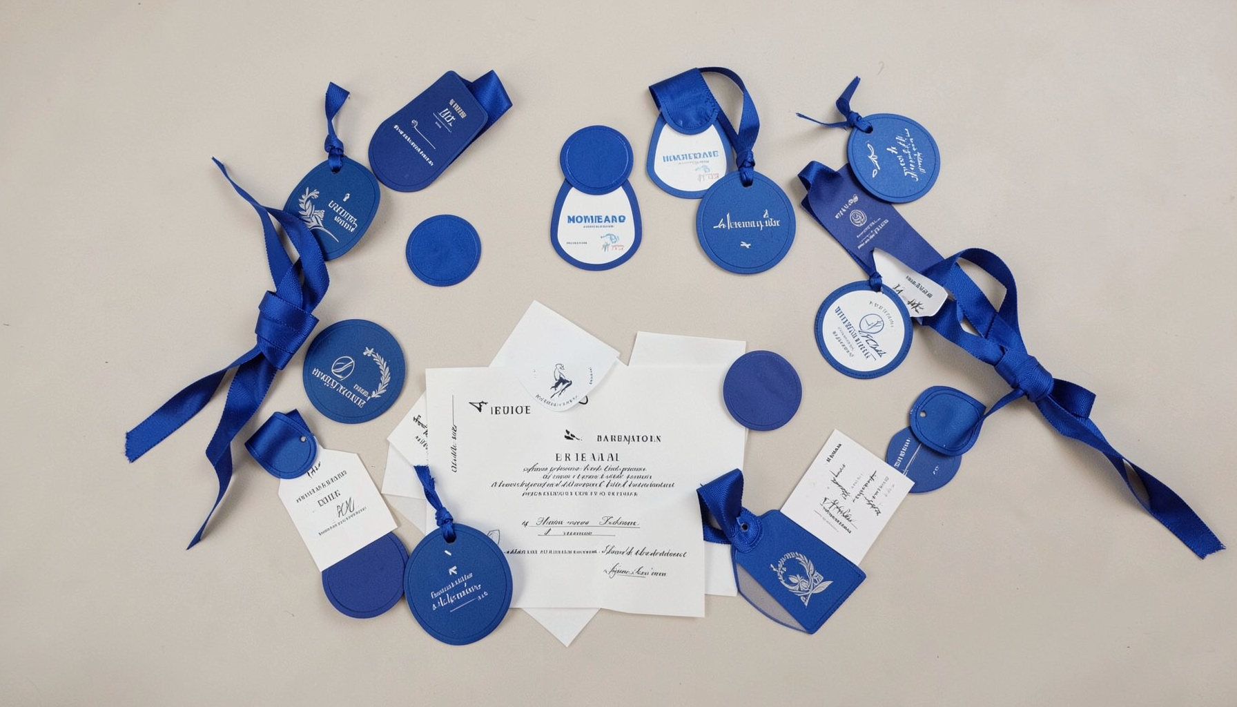 Overhead flat-lay of colorful participant badges, ribbons, and folded certificates spread across a neutral background